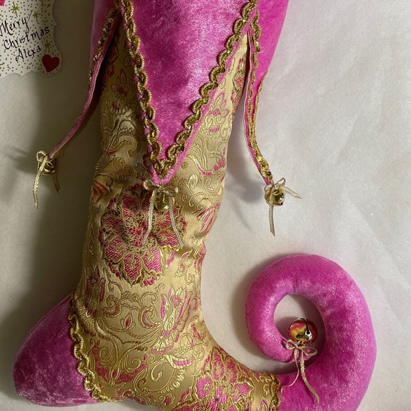 Gold & Hot Pink brocade elf toe stocking with gold trim
