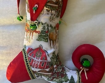Red barn and horses Christmas stocking
