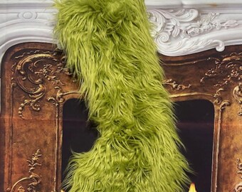 Green Fur Christmas stocking with fur loop or gold cord loop