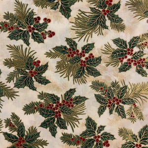 May include: A cream-coloured fabric featuring a repeating pattern of dark green holly leaves, clusters of small red berries, and sprigs of pine needles. The background has a subtle, mottled beige texture throughout the entire textile surface.