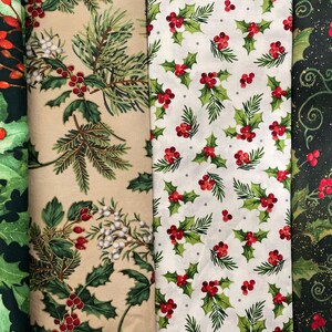 May include: Four vertical fabric swatches featuring holiday patterns. The first is dark green with holly leaves and red berries. The second is beige with pine branches and berries. The third is white with holly sprigs. The fourth is black with holly and gold swirls.