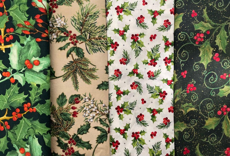 May include: Four vertical fabric swatches featuring holiday patterns. The first is dark green with holly leaves and red berries. The second is beige with pine branches and berries. The third is white with holly sprigs. The fourth is black with holly and gold swirls.