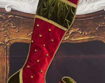 Red and green velvet elf toe stocking with burgundy/gold trim