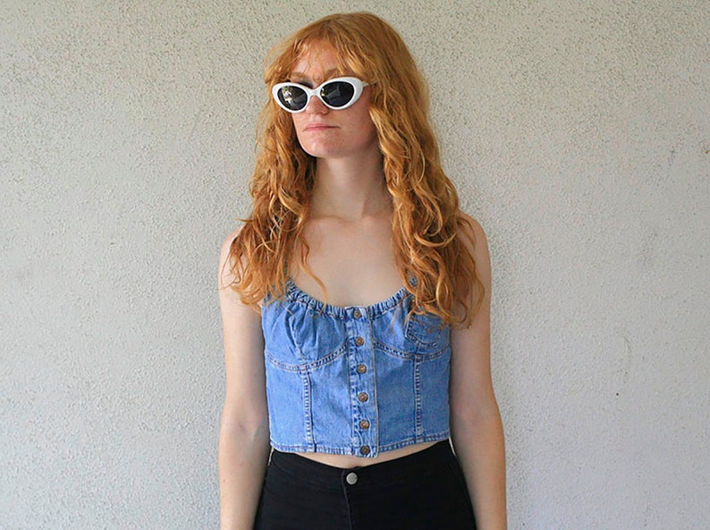 90/'s Blue DENIM Spaghetti Strap CROSS Back Cropped Tank Top Vintage M