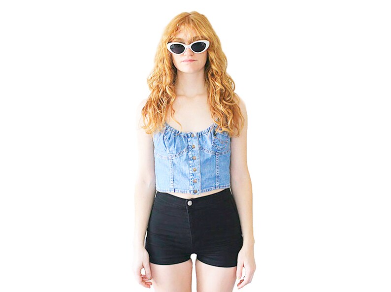 90/'s Blue DENIM Spaghetti Strap CROSS Back Cropped Tank Top Vintage M