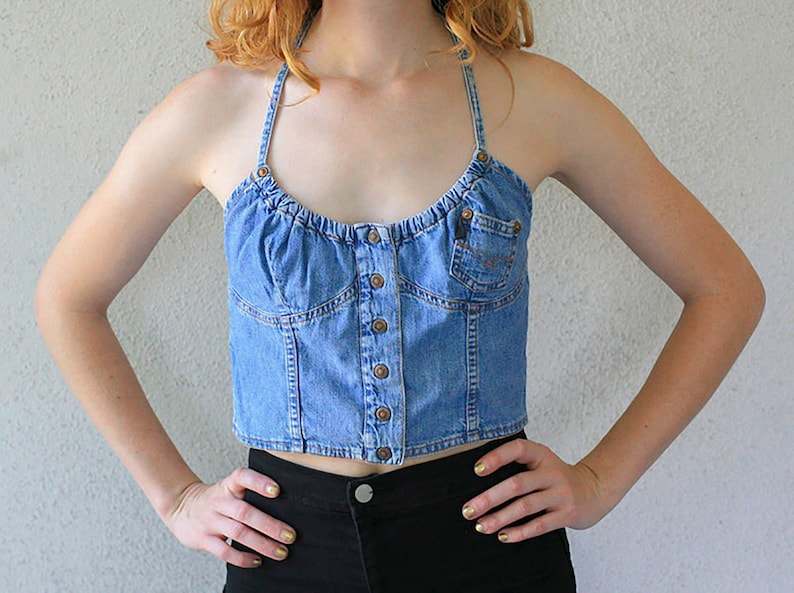 90/'s Blue DENIM Spaghetti Strap CROSS Back Cropped Tank Top Vintage M