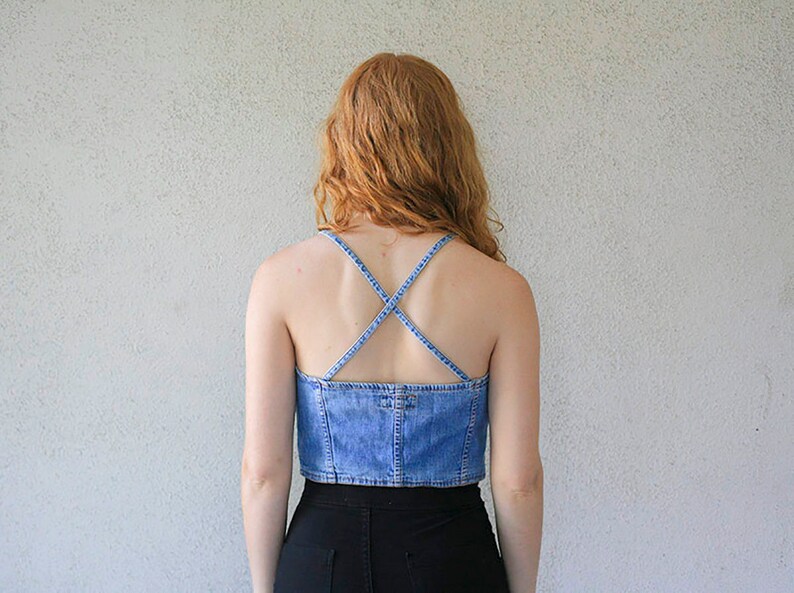 90/'s Blue DENIM Spaghetti Strap CROSS Back Cropped Tank Top Vintage M