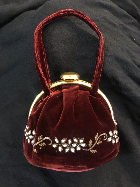 Vintage 1940's Burgundy Velvet and Beaded Handbag