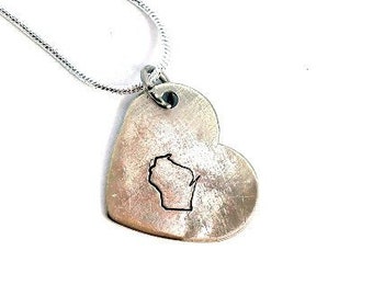 Wisconsin state heart necklace, silverware jewelry