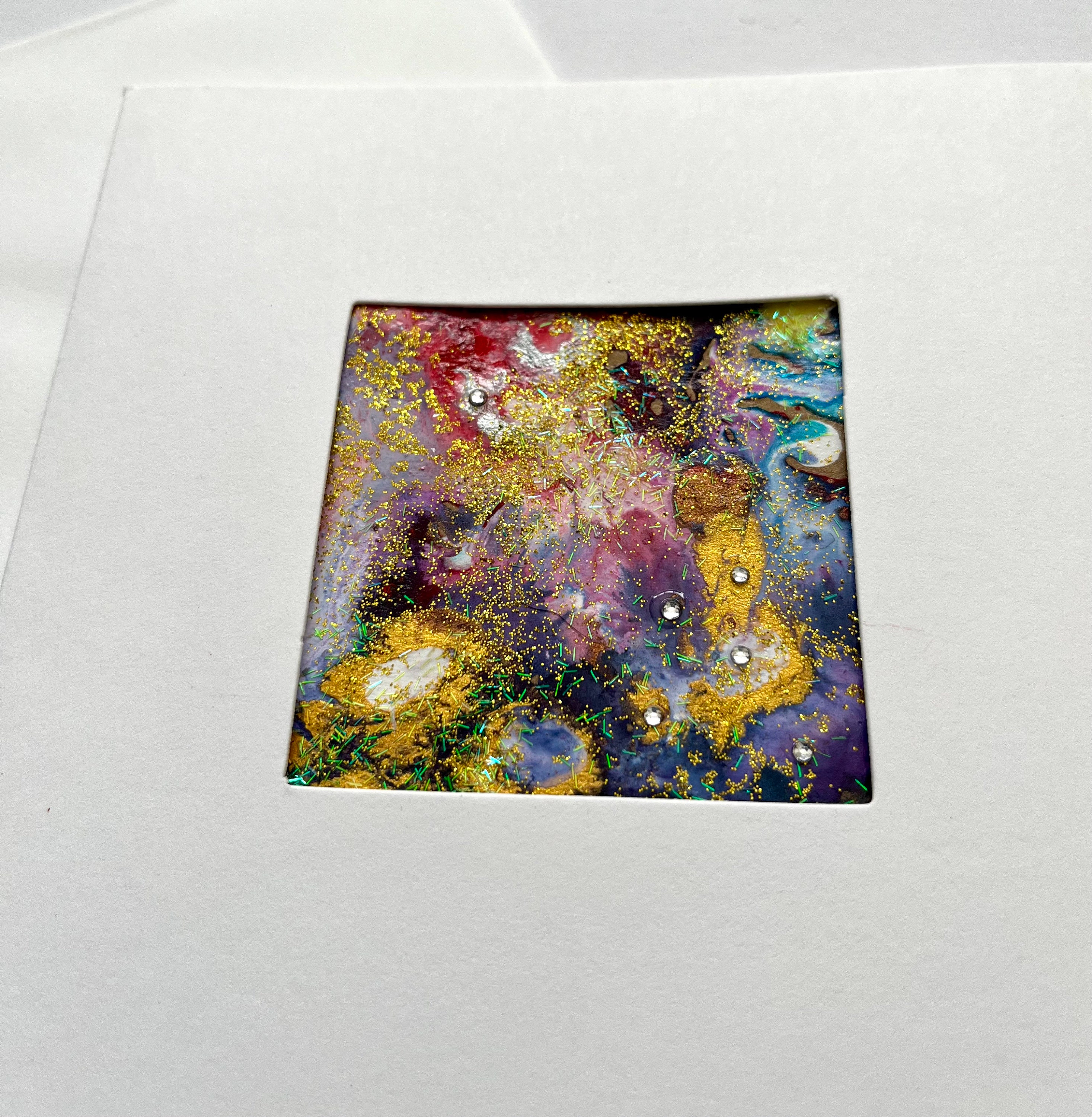 Hand painted 'rainbow spacedust/galaxy' card. Free UK delivery.