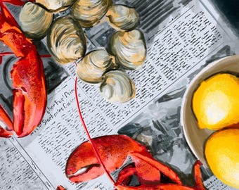 Arte de mesa de comedor, cocina colorida, comida colorida, comida mediterránea, amante de los mariscos, pintura de comida, arte de pared de cocina, póster colorido