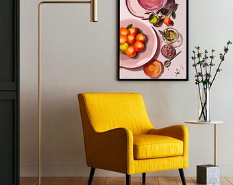 Póster de mesa de comedor, cocina colorida, comida colorida, comida mediterránea, decoración de comedor, pintura de comida, arte de pared de cocina, póster colorido