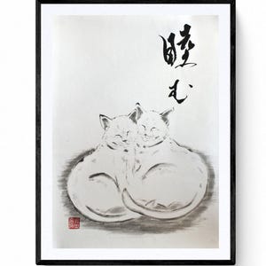 Pintura sumi-e original dos gatos pintado a mano – Caligrafía japonesa obra de Mitsuru Nagata