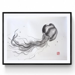 Jelly Fish sumi-e- original work by Mitsuru Nagata, japanese ink, Japanese art sumie, Zen art, minimalism