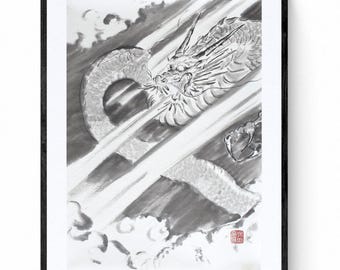 Dragon- original work by Mitsuru Nagata, japanese ink, Japanese art sumie, Zen art, minimalism