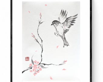 Gorrión, pájaro – Arte Japonés en Tinta | Pintura Sumi-e de  Gorrión | Paz  | Obra Original  por Mitsuru Nagata