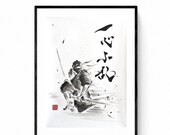 Ninja, obra original de Mitsuru Nagata, tinta japonesa, Arte Japonés sumi-e. Arte zen, arte minimalista.
