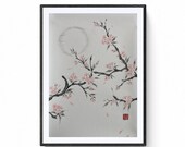 Flor de cerezo japonés, Sakura sumie, kanji, pintados a mano, Arte Japonés original, Sumi-e y Caligrafía Japonesa, Shodou por Nagataya Kyoto