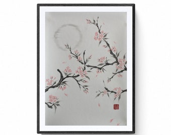 Sakura, japanese cherry blossom sumie, original painting,  Kanji, Caligrafía Japonesa, Shodo and Sumie Original,  Nagataya Kyoto