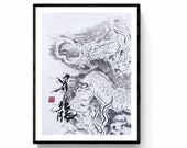 Dragón, obra original de Mitsuru Nagata, tinta japonesa, Arte Japonés sumi-e. Arte zen, arte minimalista.