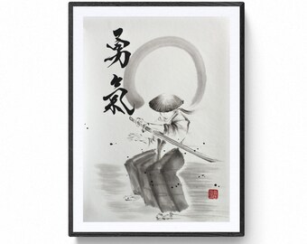 Samurai, original work by Mitsuru Nagata, Japanese ink, Japanese sumi-e art. Zen art, minimalist art