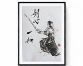 Sumi-e Kendo, dibujo a tinta pintado a mano, Arte Japonés original, Sumi-e y Caligrafía Japonesa, Shodou por Mitsuru Nagata