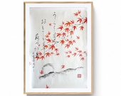 Momiji, mapple tree, sumie, zen art,  Japanese art, this is an original painting made by Mitsuru Nagata, Japanese sumi-e artist 