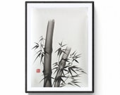 Bambú, obra original de Mitsuru Nagata, tinta japonesa, Arte Japonés sumi-e. Arte zen, arte minimalista.