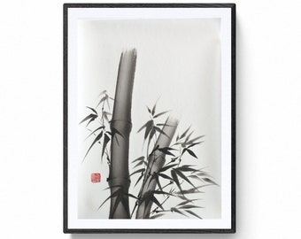 Bambou, oeuvre originale de Mitsuru Nagata, encre japonaise, sumi-e Art japonais. Art zen, art minimaliste.