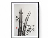 Bambú, obra original de Mitsuru Nagata, tinta japonesa, Arte Japonés sumi-e. Arte zen, arte minimalista.