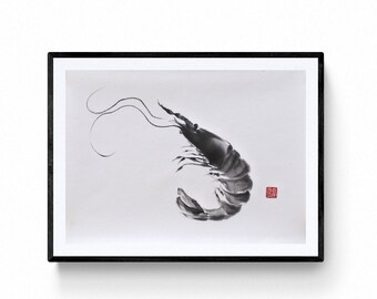 Elegant Prawn: Sumi-e Ink Painting - Ocean-inspired Artwork by Mitsuru Nagata original painting