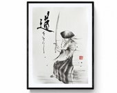 Samurai obra original de Mitsuru Nagata, tinta japonesa, Arte Japonés sumi-e. Arte zen, arte minimalista.