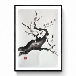 Plum tree sumie original Japanese art painting made by Mitsuru Nagata, zen art