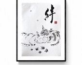 Sumi-e gato Pintura original sumie, pintado a mano, tinta,  Arte Japonés original,  Arte zen y caligrafía Mitsuru Nagata