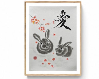 Japanese original hand made ink painting, rabbit painting sumi-e and Calligraphy by Mitsuru Nagata -Kyoto