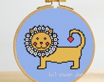 PDF cross stitch pattern, African Lion, animal nursery decor, kids baby, nature, modern needlecraft, Vivian Jane Designs