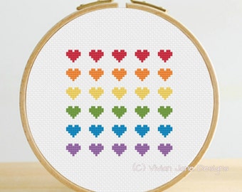 PDF cross stitch pattern, Rainbow Hearts, love, pride, nursery decor, modern needlecraft, wall art tutorial, Vivian Jane Designs