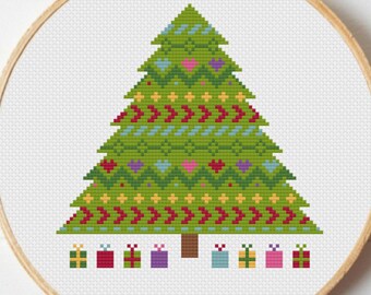 PDF cross stitch pattern, Christmas Tree, holiday, gifts, patterned chevron, festive, fun modern needlecraft Vivian Jane Designs