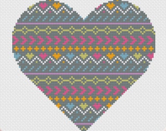 PDF cross stitch pattern, heart love valentine pattern chevron, kids, teen tween girl pink fun modern needlecraft Vivian Jane Designs