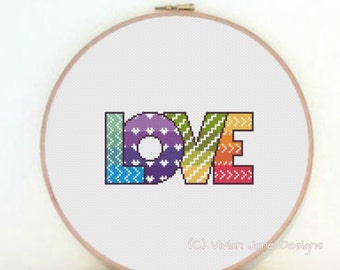 PDF cross stitch pattern, LOVE, nursery decor, kids room, rainbow colors, chevrons, colorful modern needlecraft, Vivian Jane Designs