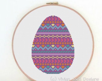 PDF cross stitch pattern, Easter Egg, pattern chevron, kids, pink purple hearts, fun modern needlecraft Vivian Jane Designs