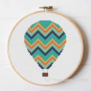 PDF cross stitch pattern, Hot Air Balloon, nursery decor, modern needlecraft, wall art tutorial, Vivian Jane Designs image 1