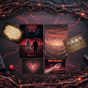 Può includere: Una collezione di inviti e biglietti a tema con un'estetica oscura e fantasy. I disegni presentano una coppia che si tiene per mano, un cuore e le parole "RSVP" e "Save the Date". La tavolozza dei colori comprende rosso, nero e marrone, con un aspetto vintage e usurato.