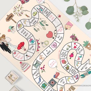 Può includere: Un gioco da tavolo per matrimoni personalizzato con uno sfondo color pesca chiaro. Il gioco presenta illustrazioni di eventi legati al matrimonio, tra cui una sposa e uno sposo, una torta e cuori. I nomi "Emily e Jacob" sono scritti sul tabellone.