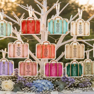 Può includere: Una collezione di ornamenti colorati a forma di valigia, ognuno con un elenco di nomi diverso. Gli ornamenti sono in vari colori, tra cui rosso, blu, verde e giallo, e sono appesi a un albero bianco. Lo sfondo è sfocato, con una luce naturale soffusa.