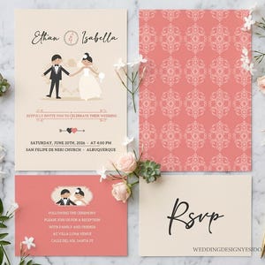 Cute Cartoon Wedding Invitation Template, Fun Bride and Groom Illustration Stationery, Romantic Peach Vintage Style Instant Download