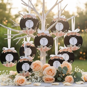 May include: A decorative display featuring black vinyl records with floral accents and white ribbons. Each record displays names and seating arrangements. The records are suspended from a white tree, with peach-coloured roses and greenery at the base.