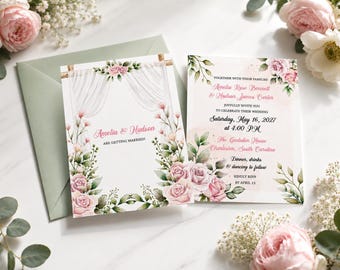 Puede incluir: Un juego de invitaciones de boda con una tarjeta blanca que presenta una ilustración en acuarela de un arco floral, rosas rosadas y follaje verde. El texto dice Amelia & Hudson are getting married, con los detalles del evento el 16 de mayo de 2027.