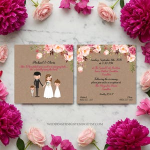 Può includere: Invito di nozze con illustrazione di famiglia e dettagli floreali. L'invito è stampato su cartoncino marrone con composizioni floreali rosa e bianche. Il testo include i nomi Michael & Olivia e la data del matrimonio.
