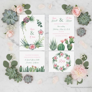 Desert Theme Wedding Invitation with Boho Cactus and Succulente, Instant Download